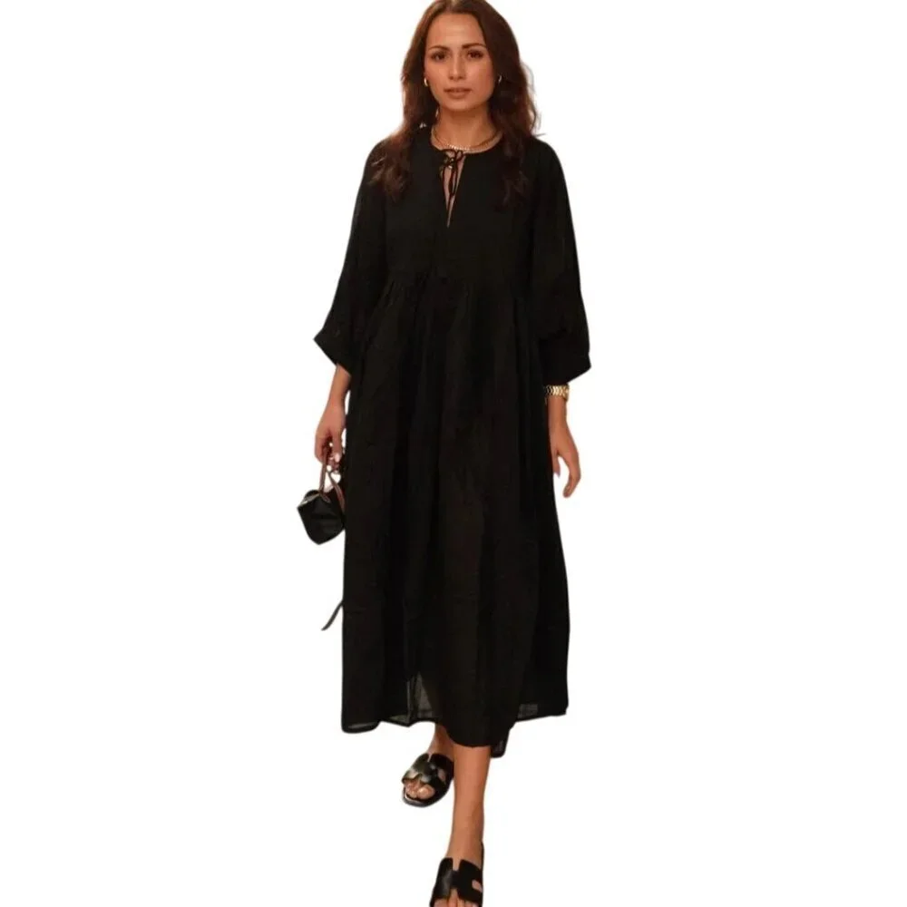 House Of Sandar Sara Midi Dress Black Oasis Flowy Puff Sleeve Tie Neck Size XXL
